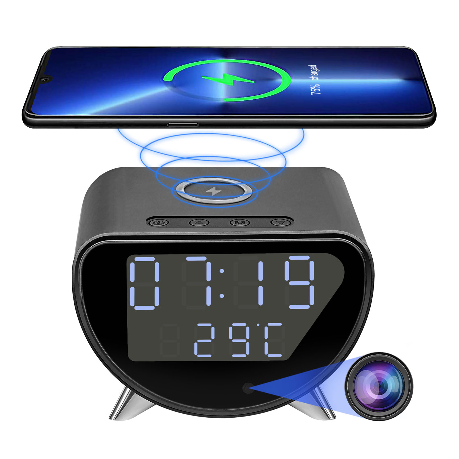 Hidden Camera Clock - Telecamera orologio WiFi con caricatore wireless,